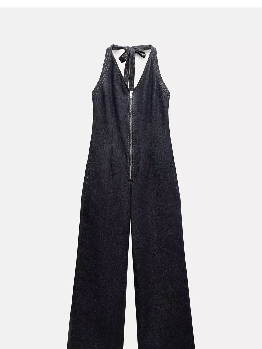 Zara Blue Denim Halter Zip-Front Wide-Leg Overalls